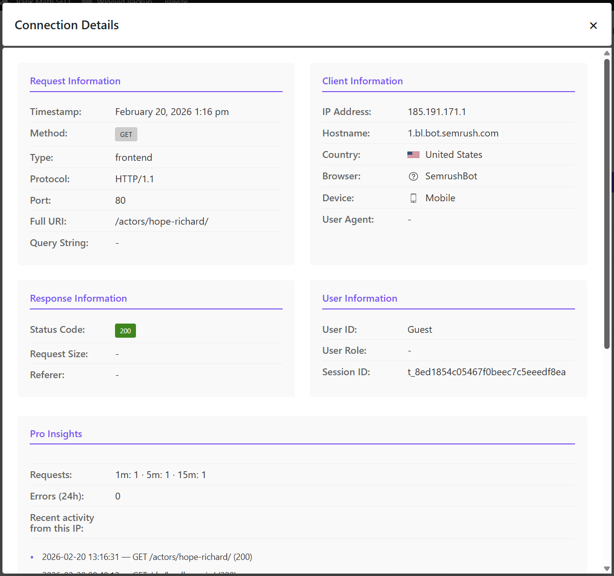 Network viewer connection details modal