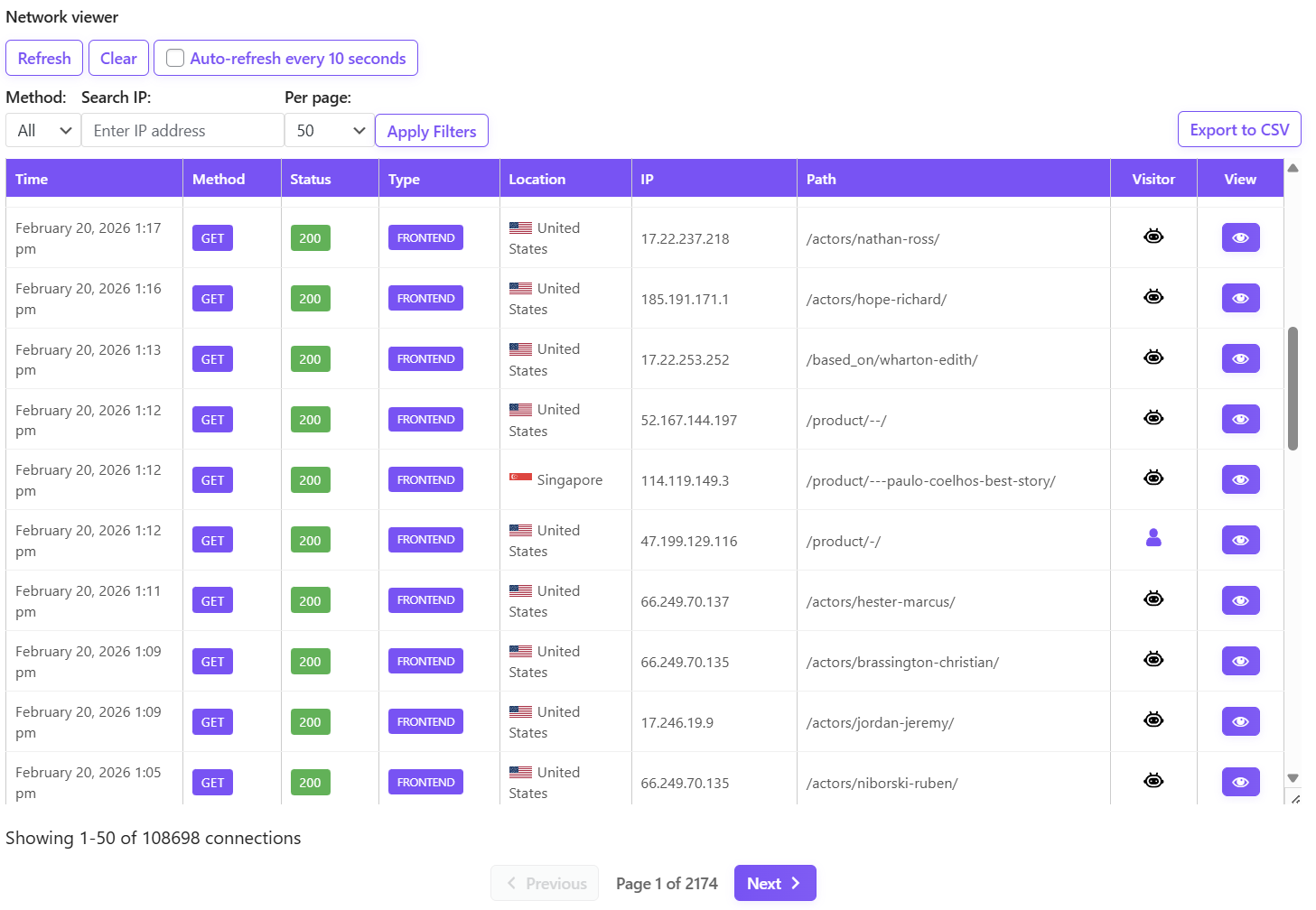 AdminEase WordPress network viewer log table