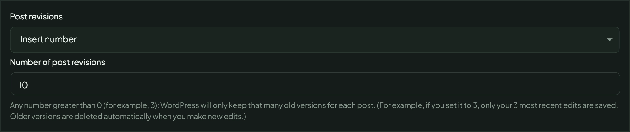 AdminEase Posts Editing settings showing the Post revisions field set to Insert number with Number of post revisions set to 10