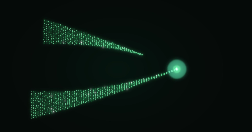 Two streams of glowing green dots heading toward a bright node, the lower one reaching it and the upper one stopping short