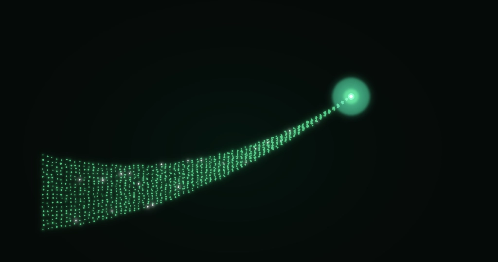 Glowing green constellation of backup strands sweeping upward and converging into a single bright restored-site node